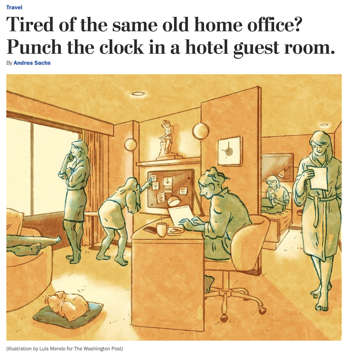 Tired of the same old home office? Punch the clock in a hotel guest room.